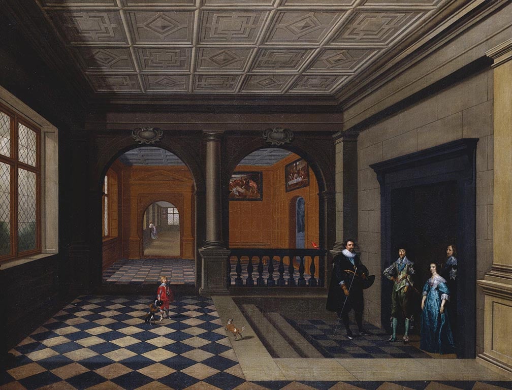 An unknown interior, with Charles and Henrietta Maria being greeted by the Earl of Pembroke. Two of Charles's key works by Titian can be seen on the back wall. Royal Collection Trust / © Her Majesty Queen Elizabeth II 2018