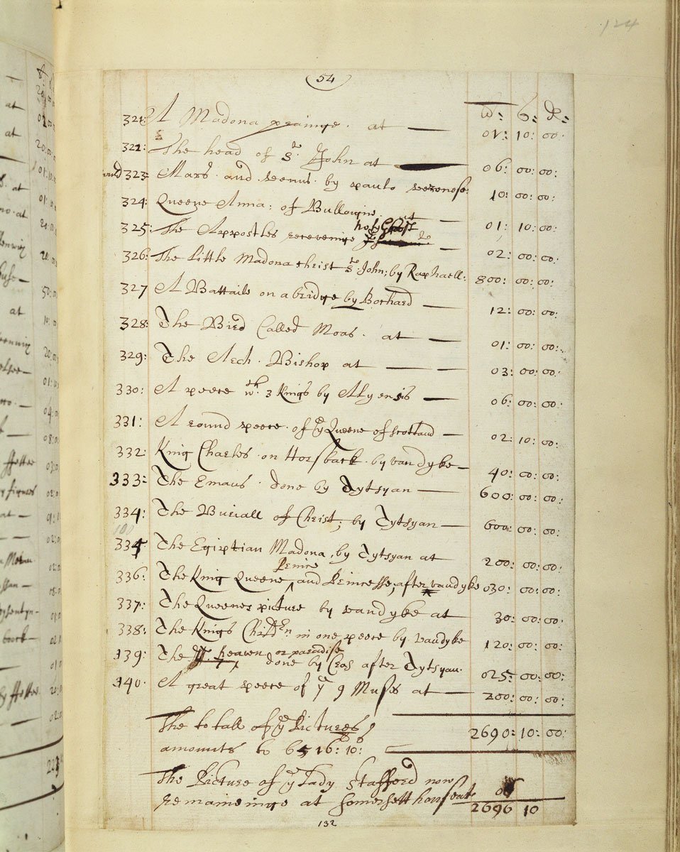 Page from the Sale Inventory at the National Archives (LR 2/124). 